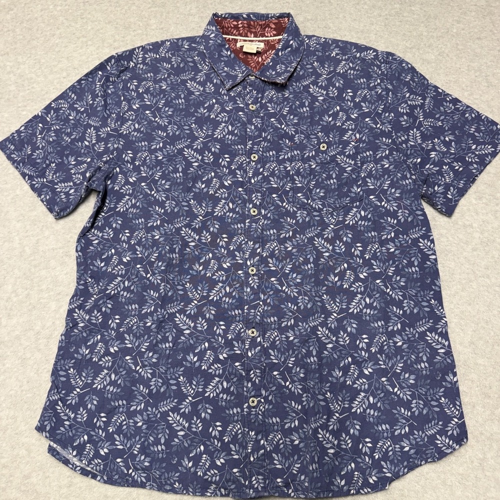 Carbon2cobalt Shirt Mens Large Blue Leaf Print Linen Short Sleeve Button-Up